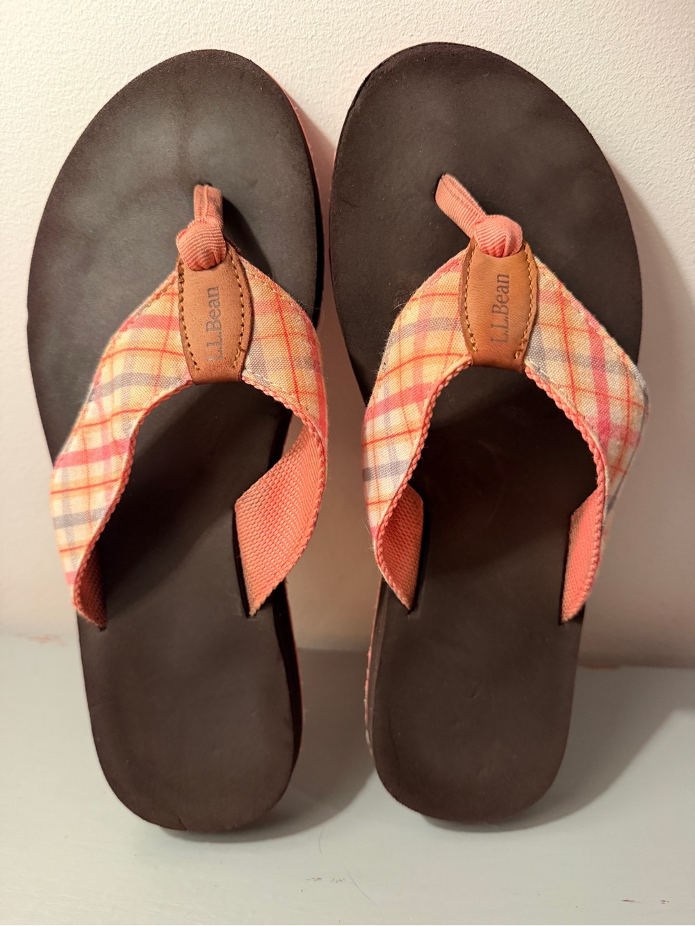 L.L. Bean Coral Plaid Thong Sandals with Brown Footbed